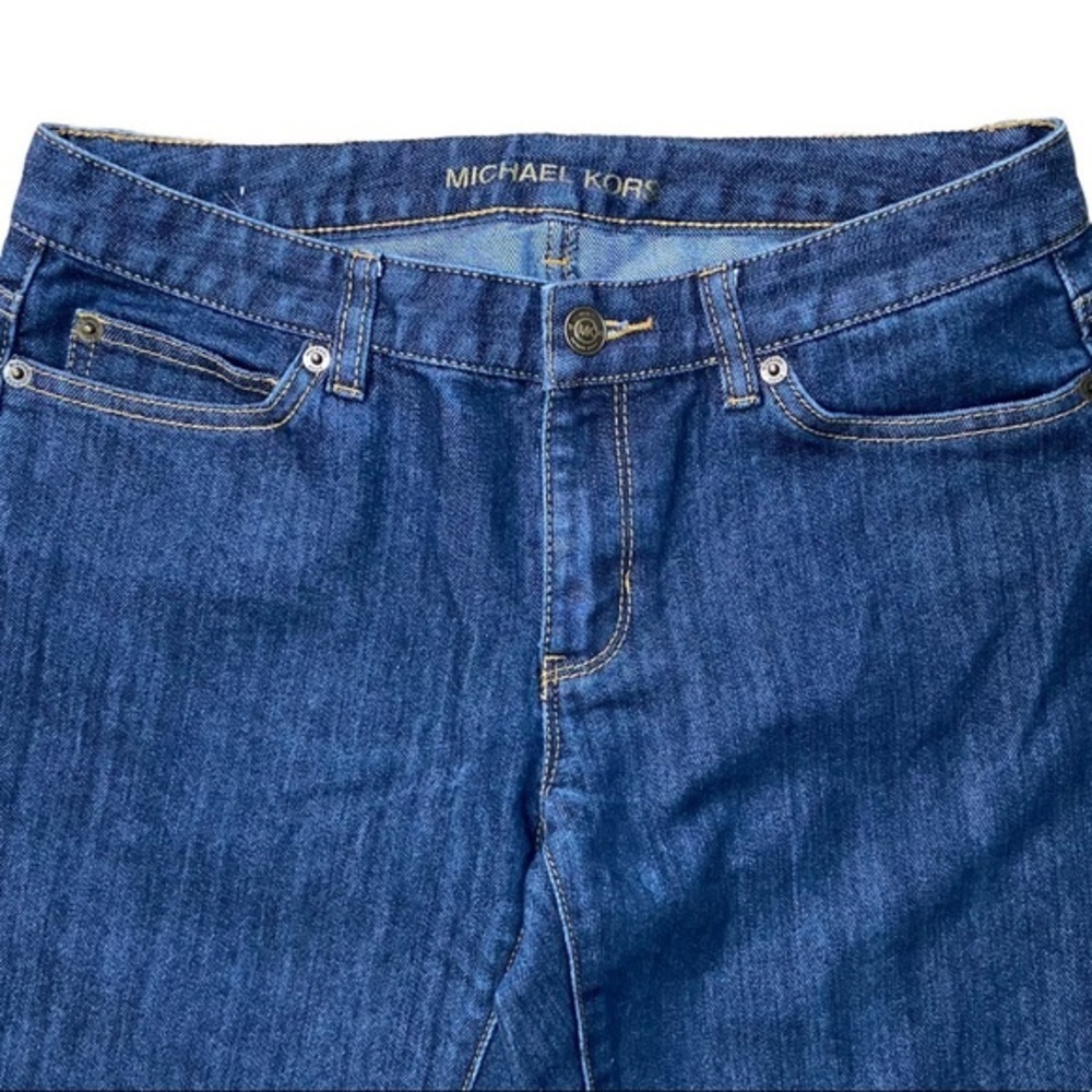 Michael Kors • Dark Wash Flare Jeans • Blue Denim & Gold Hardware • Size 2 - Picture 4 of 8